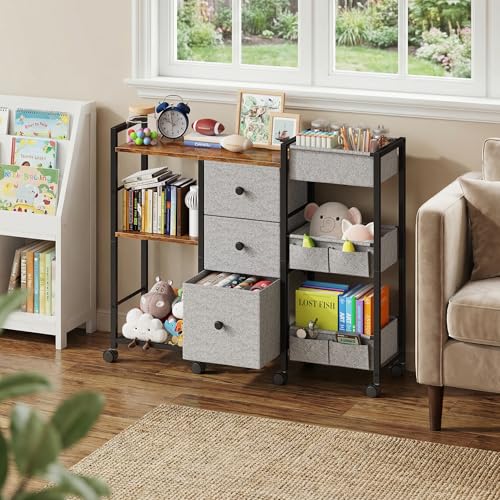 GYIIYUO Diaper Caddy Cart with Storage Fabric Drawers/Open Shelves, Baby Caddy Organizer, 3-Tier Rolling Utility Cart on Wheels for baby nursery essentials,bedside,makeup(Rustic Brown)