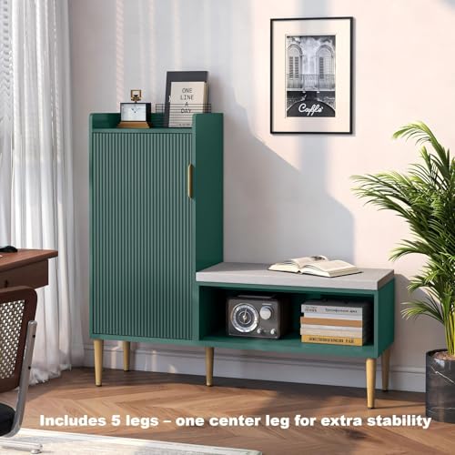 Storage Bench with Fluted Door&Shelf, Modern Entryway Bench with Padded Seat, L-Shaped Shoe Organizer Cabinet for Hallway, Living Room, Office, Green - color: Green