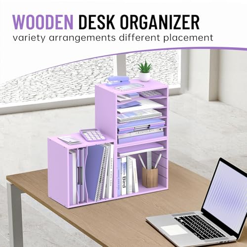 5-Tier Wood Desk Organizer, Paper Tray Organizer for Desk with Adjustable Storage Shelves, Desktop File Organization Paper Sorter Mail Holder for Office Home Classroom, Purple - color: Purple, size: 5 Tier