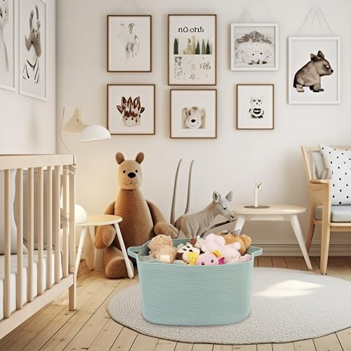 XUANGUO Large Rectangle Blankets Basket Living Room 22"x17"x12" Woven Cotton Rope Storage Baskets for Nursery Toy Baskets for Kids and Dogs Wicker Laundry Basket Bin for Clothes Towels green - color: light green