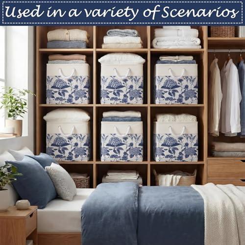 LemonRoad 6 Pcs Blue Hydrangea Cube Storage Bins 11.22 Inch Square Storage Basket with Handle, Preppy Girls Organizer Basket, Collapsible Fabric Box for Classroom Bedrooms Office Home Decoration Gift - color: Blue, size: 11.22 Inch, style: Hydrangea