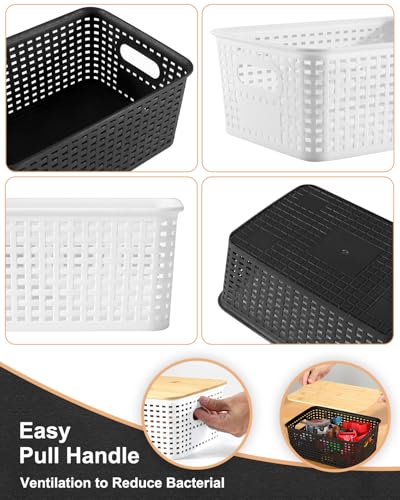 EOENVIVS Plastic Storage Baskets with Bamboo Lids for Pantry Organization and Storage Containers Bins for Shelves Drawers Desktop Closet Playroom Classroom Office Home, 6 Pack,White - color: White