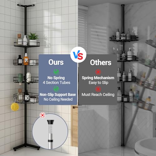 Standing Shower Caddy Corner, 4-Tier Adjustable Height Bathroom Organizer, 6-Section Pole, Sturdy Floor Standing Shelf for Shower or Bathtub – No Drilling, No Spring Tension