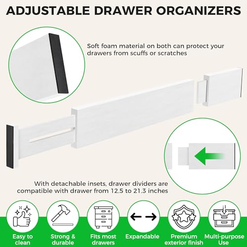 4 Pack Bamboo Kitchen Drawer Dividers with Inserts 2.6" High, Adjustable from 12.5 Inch to 21.7 Inch Drawer Organizers, Expandable Drawer Separators for Clothes, Bedroom, Dresser, Office (White) - color: White, size: 12.5-21.7 Inches
