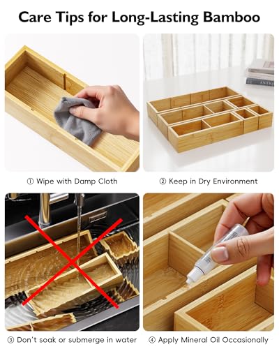 12-Piece Bamboo Desk Drawer Organizer Set – Adjustable Storage Boxes with 24 Compartments, Non-Slip, Modular Design for Office, Jewelry, Vanity, and Kitchen Utensil Drawer Storage - size: 24 Compartments