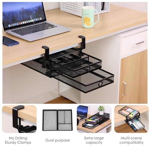 2-Tier Clamp-On Mesh Organizer, Under Desk Storage with Slide-Out Tray, No Drilling Tool-Free Installation, Durable Rust-Resistant Metal, Large-Capacity Organizer. - color: Black - 2 Tier