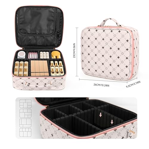 M Y U R E N Travel Makeup Bag,Waterproof Cosmetic Organizer, Adjustable Dividers,Portability Cosmetic Train Case,Makeup organizer,Gift for Women,Girls Gift (Beige+Pink) - color: Beige+Pink