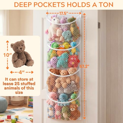 Ofiray-home Over The Door Stuffed Animal Storage, Cotton Toy Organizer for Storage Plush Toys, Stuffed Animal Holder with 4 Large Pockets, Hanging Door Organizer for Nursery, Bedroom (White) - color: White, size: Normal