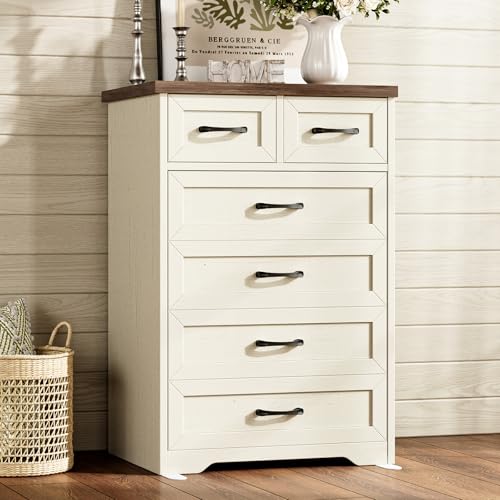 AODK Farmhouse Tall 6 Drawer Dresser for Bedroom, 5-Tier Vertical Storage Chest with Mixed Drawers, Engineered Wood Frame with Anti-Tip Safety, American Country Furniture, Walnut & Vintage White - color: Walnut & Vintage White, size: 15.7"D x 26"W x 38.2"