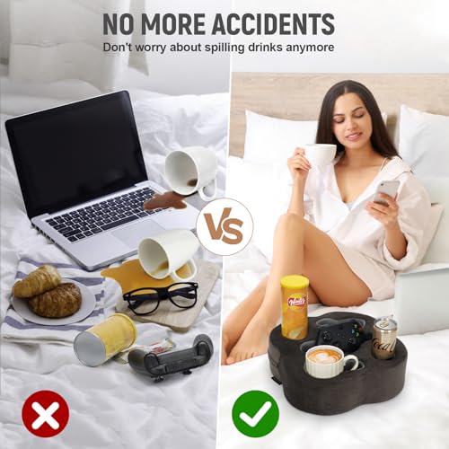 Couch Cup Holder Pillow, Sofa Organizer Caddy Bed Refreshment Tray for Drinks, Remotes, Phones, Snacks (Soot) - color: Soot, size: 12*12*3.7 Inch