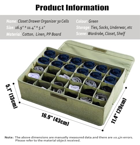 AARAINBOW 2 Packs Underwear Socks Ties Storage Organizer with Lids Foldable Closet Drawer Organizer 60 Cells, Fabric Drawer Wardrobe Divider Storage Boxes for Scarves and Lingerie (30 Cell, 2 Green) - color: Green, size: 2*30 Cells