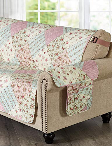 Brilliant Sunshine Pink and Green Rose Patchwork Sofa Armrest 5 Pockets Organizer, Slip Resistant Armchair Caddy, Washable Remote Controls Holder, Storage for Magazine, Tablet, 35×13", Pink Green - color: Pink Green