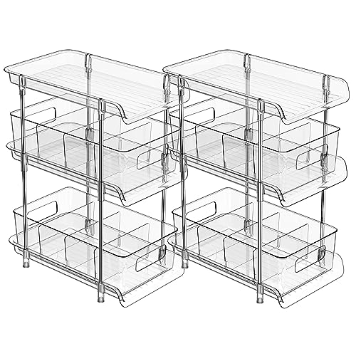 2Set 3 Tier Clear Bathroom Organizer with Dividers, Pull-Out Pantry Organization and Storage, Multi-Purpose Under Sink Organizers and Storage, Vanity Skincare Cosmetic Closet Organizer Medicine Bins - color: Transparent