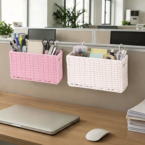 Cotton Rope Woven Bedside Caddy for Dorm Bed, Foldable Bedside Shelf Bunk Bed Accessories, College Dorm Room Essentials Hanging Organizers Storage Basket, Room Decor Magazine File Holder (White) - color: White