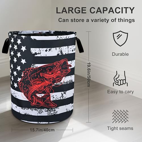 Bass Fish Laundry Basket Foldable Oxford Cloth Tote Bag Laundry Hamper Clothes Storage Bucket Organizer For Bathroom/Laundry Storage/Bedroom 19.6x15.7 Inch - color: Bass Fish
