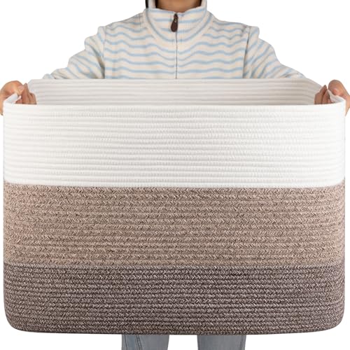OIAHOMY 108L Super Large Blanket Basket, 25”x16”x16”(108L) Rectangle Woven Baskets for Storage, Cotton Rope Basket For Living Room, Toy Storage with Handle- Gradient Dark Brown - color: Gradient Dark Brown
