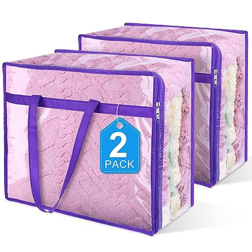 2 Pack Clear Zippered Storage Bags for Clothes, Closet Organizers and Storage Vinyl Bag for Bedding, Linen, Blankets, Comforters, Clothes & Toys Multi Purpose & Space Saver PVC Organizers - color: Purple, size: 2 Pack