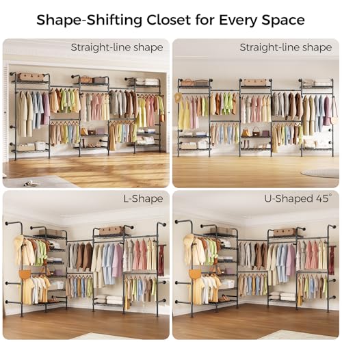 Closet Organizers and Storage, 5-Row Heavy Duty Clothes Rack for Hanging Clothes, Wall Mounted Closet System with 4 Telescopic Rods, 3 Fixed Rods, 6 Hooks, 8 Shelves for Wardrobe, Bedroom, Small Space - style: 5-Row