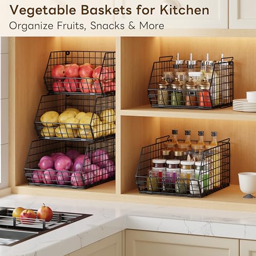 X-cosrack Stackable Wire Baskets for Counter, Fruit and Vegetable Storage, Potato and Onion Storage Bin，Kitchen Pantry Organizer - Wall Basket for Produce/Snack/Can, 3-tier Large, Black - size: 3-tier Large