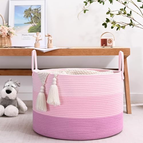 Extra Large Toy Basket, 20"x13" Kids Toy Storage for Playroom Classroom Nursery, Woven Rope Blanket Basket with Handles, Stuffed Animal Organizer & Dog Toys Basket, Pink - color: Pink - Wide