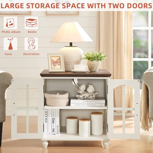 RWYHG Farmhouse End Table with Charging Station,24" Large Sofa Side Table with Glass Barn Door,Rustic Wood Night Stand with Adjustable Storage Shelf,Square Bedside Table for Living Room,Bedroom Office - color: White, size: Set 1