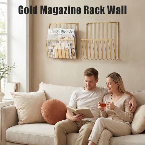 2-Pack Wall Magazine Holder File Organizer Mental , Wall Mounted Magazine Rack for Space-Saving, Walls Magazine Holder for Mail, Bathroom & Home Office Organizer, Office Living Room(Gold)