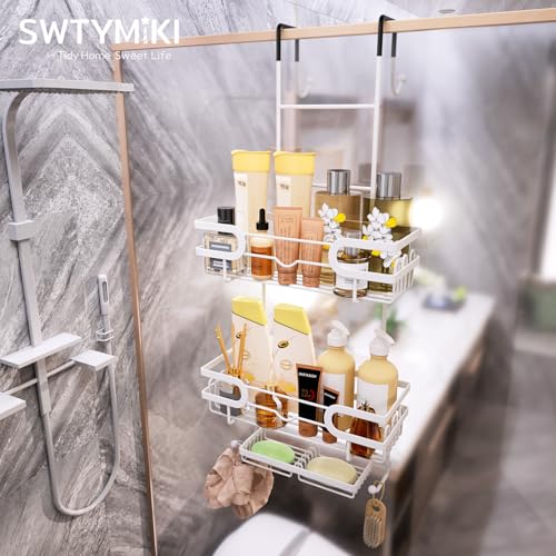 SWTYMIKI Over The Door Shower Caddy With Double Soap Holder, Hanging Shower Caddy With 16 Hooks, No Drilling Hanging Shower Organizer Over Door To Organize Bathroom Essentials, White - color: White