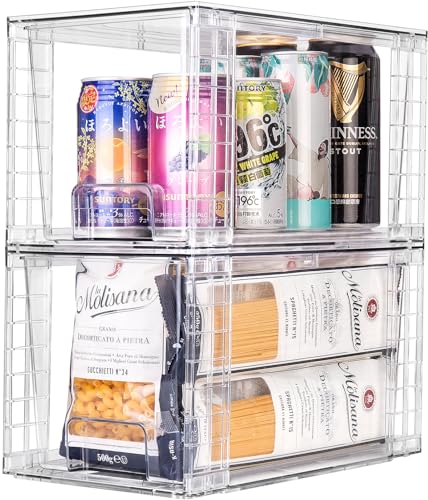 2Pack Large Stackable Kitchen Storage Drawers, Clear Foods Organizer Bins with Handles, Easily Assemble for Bathroom, Kitchen, Pantry, Cabinet, Closet(XL-Down Handle) - color: Down Handle, size: 2 Pack