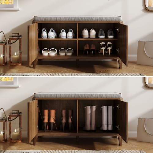 39.4" Fluted Shoe Cabinet Storage with Bench, 2-Tier Entryway Bench with Adjustable Shelves and Detachable Cushioned Seat, Shoe Organizer Bench Cabinet for Entryway, Living Room, Hallway Walnut - color: Walnut