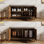 39.4" Fluted Shoe Cabinet Storage with Bench, 2-Tier Entryway Bench with Adjustable Shelves and Detachable Cushioned Seat, Shoe Organizer Bench Cabinet for Entryway, Living Room, Hallway Walnut - color: Walnut