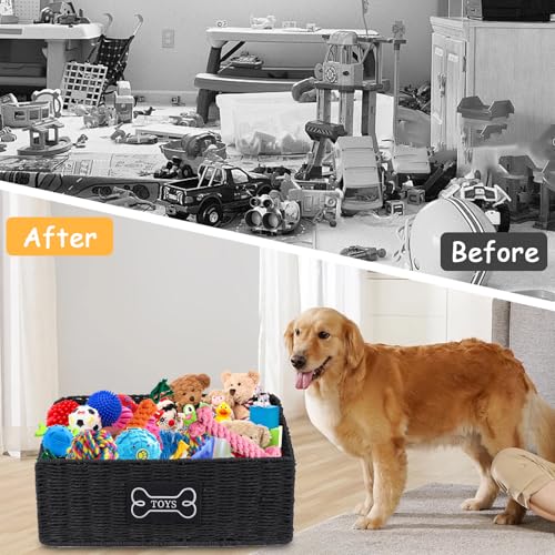 Dog Toy Basket Large Durable Metal Woven Foldable Storage Bin, Living Room Bedroom Entryway Toy Storage Organizer Rustic Trapezoid Pet Basket for Dogs Puppies and Home Floor Corners-Black - color: Black Paper Rope