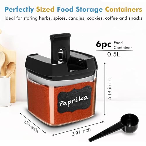 Shazo 6 PC Airtight Food Storage Containers + 6 Spoons Included - BPA Free Plastic Snack & Spice Containers with Easy Lock Lids - Kitchen and Pantry Organization for Herbs Coffee Tea - 0.5L / 2.1 Cup - color: Black - 6 Pc (Improved Quality), size: 6 Pc -