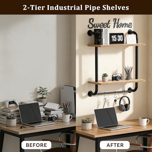 Tinpin Bathroom Shelves Wall Mounted, Rustic Farmhouse Pipe Shelves, 2-Tier, Industrial Shelving Over Toilet, Floating Shelf Decor for Bathroom, Kitchen, Bedroom, Living Room 17.3 inch - color: Brown, size: 2 tier
