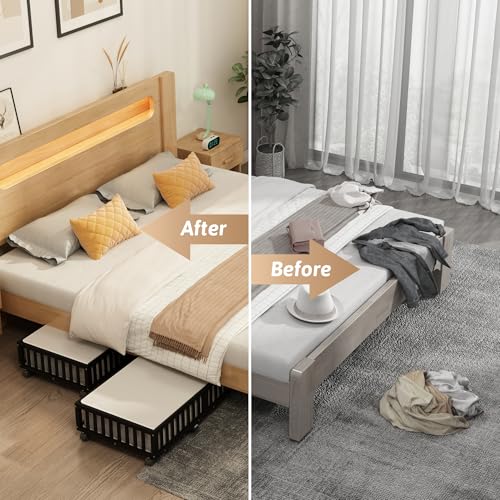 Bamboo Under Bed Storage Containers with Wheels, 2 Pack Large Under the Bed Shoe Storage Bins, Wood Rolling Underbed Drawers Organizer for Bedroom Closet Clothes Blanket Under Crib Toy Black - color: Black, size: 2 PCS (33.07"×16.54")