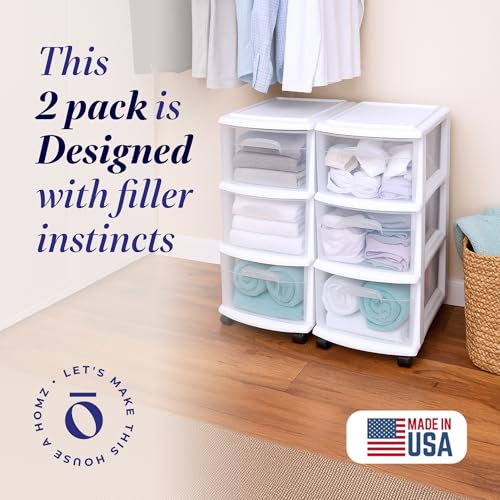 HOMZ 2-Pack Drawer Tower, 3-Tier Clear Plastic Storage Organizer Cart, White Frame - Organizing Containers with Wheels for Home, Bathroom, Bedroom, Office, and Classroom - color: White, size: 2 Pack