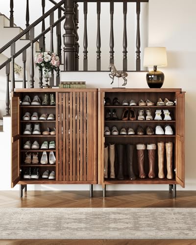 LITTLE TREE 6-Tier Shoe Cabinet with Doors for Up to 24 Pairs, Large Wooden Shoes Cabinet with Adjustable Shelves, Retro Freestanding Shoe Organizer for Entryway, Hallway, Brown - color: Brown