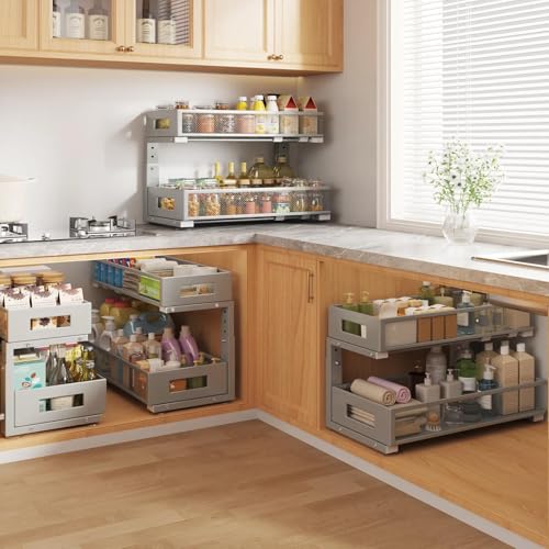 2 Packs 21IN Depth Under Sink Organizer, 2-Tier Pull Out Cabinet Organizer With Smooth Circular Rail, Large Capacity Metal Mesh Sliding Drawers For Bathroom& Kitchen Storage,Height Adjustable-Gun Gray - color: Gun Gray, size: 2 Pack-21"Dx11.6"-16.7" H