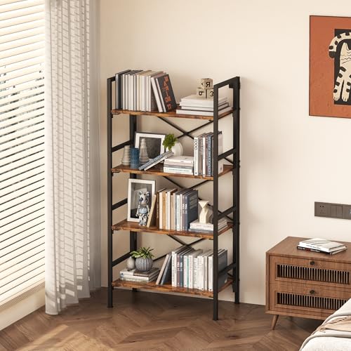 Homeiju Folding Bookshelf,4 Tier Bookcase Foldable Shelf with X-Bracket Design, Adjustable Feet, Space Saving Storage for Living Room, Office, Rustic Brown - color: Rustic Brown, size: 4 Tier