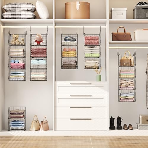 4 Tier Closet Hanging Organizer, Closet Organizers and Storage with 5 S Hooks, Closet Hanging Shelves & Freestanding Wire Storage Basket Bins, for Clothing Shoes Handbags Clutches Accessories Patent - color: Black