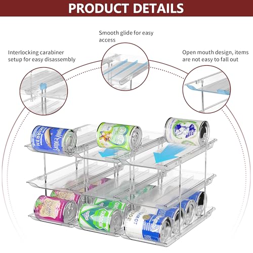Attelite Can Organizer for Pantry, 6 Sets 3Tiers Can Storage Organizer Pantry, Soda Can Organizer for Fridge 72 Cans Rack Automatic Rolling Stackable Canned Food Organizer,Clear - size: 3tier*6sets