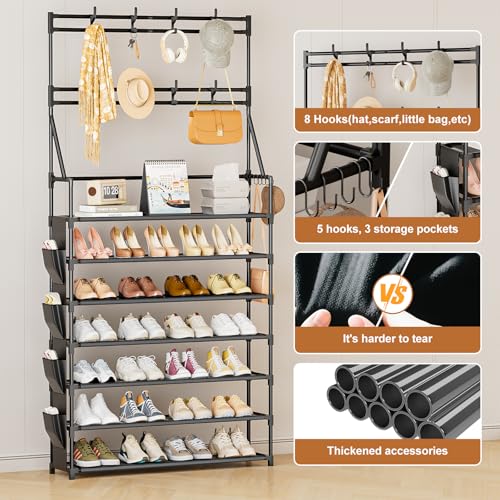 OYREL Shoe Rack 7 Tier Sturdy Shoe Racks for Closet Shoes Organizer for 28-35 Pairs Large Capacity Shoe Storage Rack with Multifunctional 5 Hooks and Side Pocket for Entrance Entryway - color: Black, size: 7 Tier