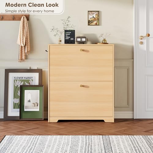 Nicetree Shoe Storage Cabinet with 2 Flip Drawers, Slim Shoe Cabinet, Hidden Shoe Rack Cabinet, Shoe Storage Cabinet for Entryway, Hallway, Foryer, Natural Oak - color: Natural Oak, style: 2-Drawers