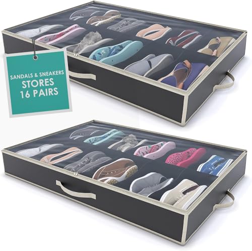 Woffit Under Bed Shoe Storage Organizer – Set of 2 Large Containers, Each Fit 12 Pairs of Shoes – Sturdy Box w/Strong Zipper & Handles – Underbed Organizers for Kids & Adults