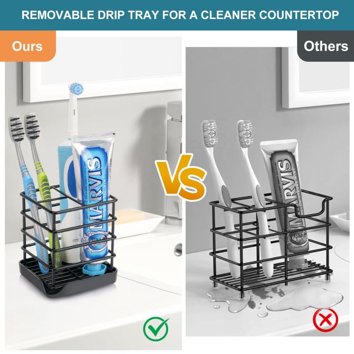 Toothbrush Holders for Bathrooms, Stainless Steel Bathroom Toothbrush Holder Kids Electric Tooth Brushing Holder Stand and Toothpaste Holder for Bathroom Accessories Organizer with Tray, Black (Small) - size: Small