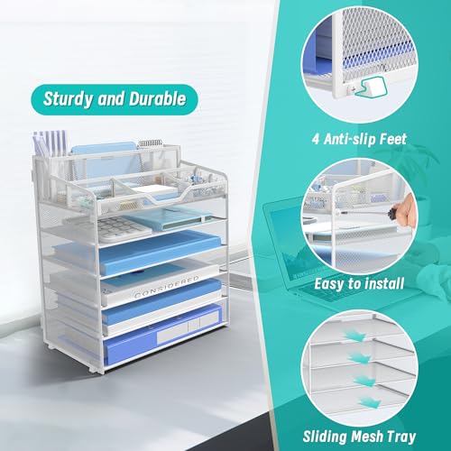 6 Tier Mesh Desk Organizer,Multi Functional Letter Paper Tray with 3 Pen Holders and 5 Adjustable Storage Compartments for Office Supplies Files and Mail Space Saving Desktop Organizer-White - color: 6 Tier-white