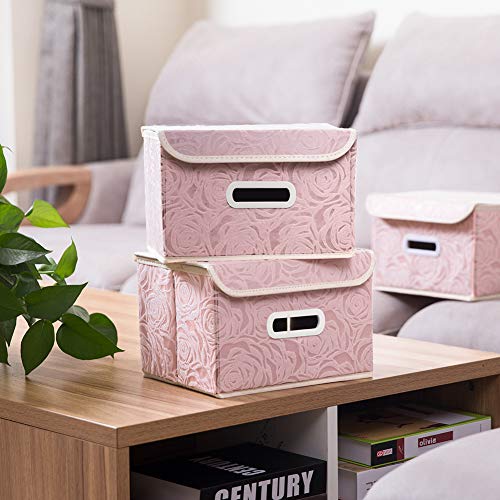 PRANDOM Collapsible Storage Boxes with Lids Fabric Decorative Storage Bins Cubes Organizer Containers Baskets with Cover Handles Divider for Bedroom Closet Living Room 9.8x7.9x6.7 Inch 3 Pack - color: Pink, size: Small(3-Pack)
