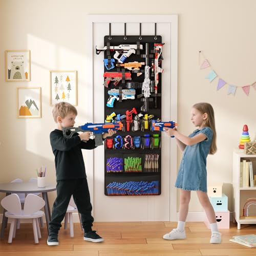Over the Door Organizer for Toy Guns, Toys Storage Door Hanger with Pockets and Slots for Kids Foam Blasters, Darts, Goggles, Over Door Toy Guns Storage Organizer, for Kids Rooms, Game Rooms, Black - color: Black