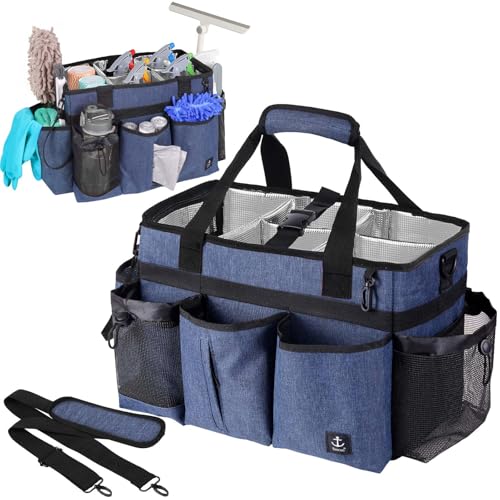 Large Wearable Cleaning Caddy Bag with Detachable Divider, Cleaning Organizer with Handles, Cleaning Supply Tote with Adjustable Shoulder Strap&Waist Belt for Cleaners & Housekeeper (Blue) - color: Blue