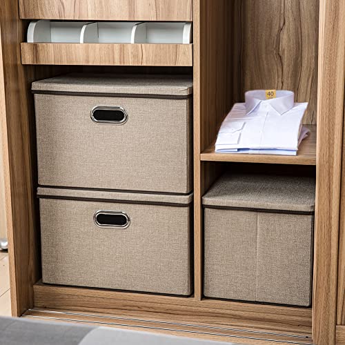 PRANDOM Extra Large Collapsible Storage Bins with Lids [5-Pack] Linen Fabric Foldable Storage Baskets Boxes Organizer Containers Cube with Cover for Bedroom Closet Office Nursery (22.8x15.75x13.8) - color: Khaki, size: XXL (5-Pack)