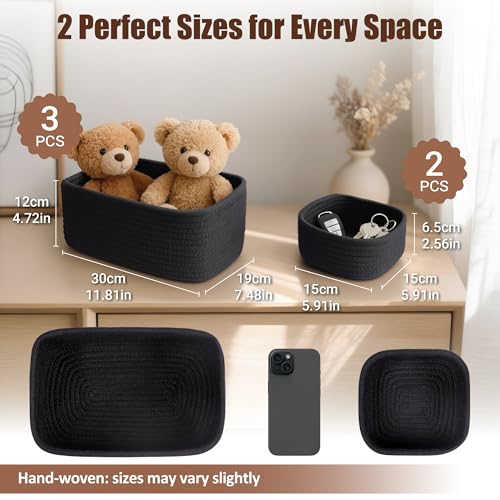 5-Pack Small Woven Rope Storage Baskets – 2 Sizes Organizer Bins for Closet, Shelf, Bookshelf, Nursery, Changing Table, Fabric Cube Boxes, Rectangular Shallow Bins for Bathroom, Toy & Home - color: Black